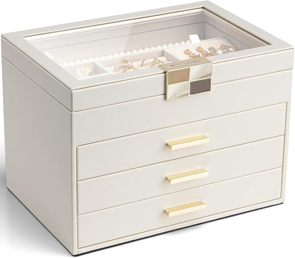 VLANDO Moonlit Mirror 4-Layer Jewelry Box with Glass Lid & Drawers