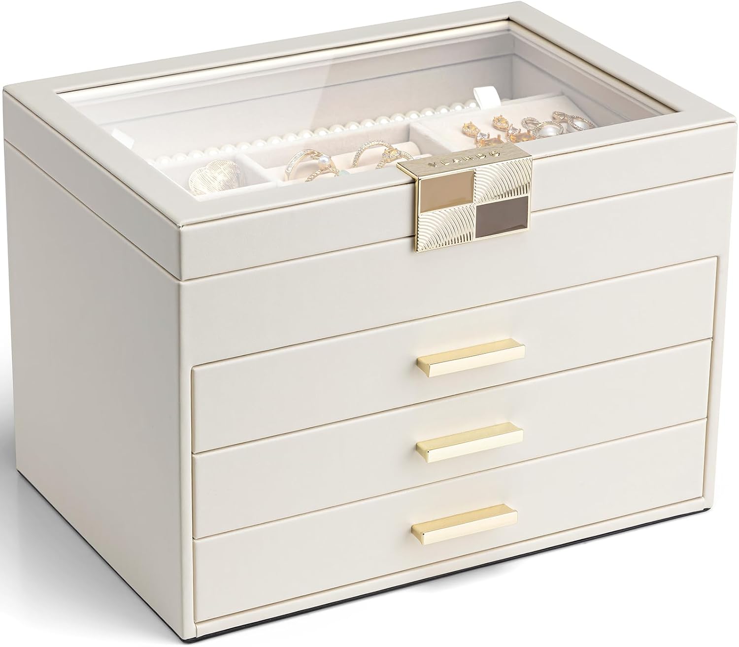 VLANDO Moonlit Mirror 4-Layer Jewelry Box with Glass Lid & Drawers