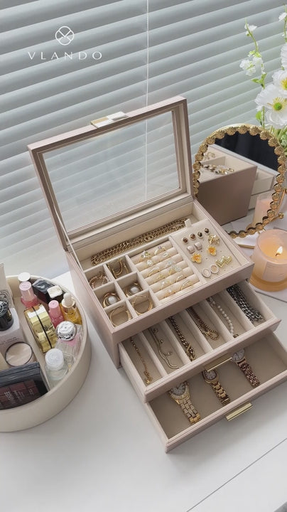 VLANDO Moonlit 4-Layer Jewelry Box with Glass Lid & Drawers